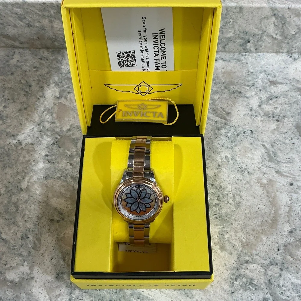 Invicta Watch Angel 37088 OS Silver Rose Gold Two-Tone Floral MOP Dial 100M